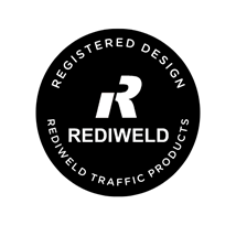 Black circle logo: Registered Design Rediweld Traffic Products