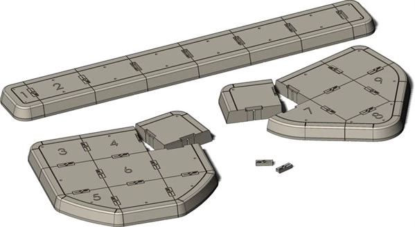 Diagram showing numbered RediPave modules arranged to form traffic island layouts, with individual components labelled for identification and assembly.
