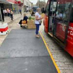 Modular bus ramp installed at the kerb to provide step-free access between the road and footway.