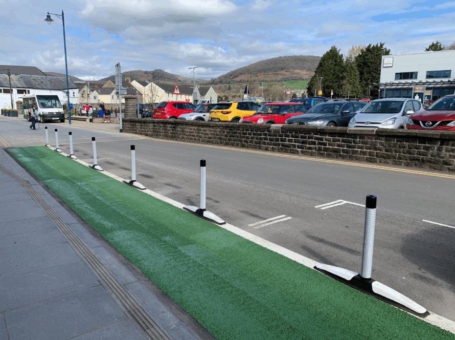 One-piece Wand Orca lane separators installed on a segregated cycle lane, providing physical separation from traffic.