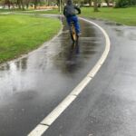 Raised line delineator installed alongside a segregated cycle lane to define the cycling route.