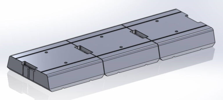 Technical rendering of a 500 mm splitter island system showing modular sections with integrated drainage channels and fixing points.