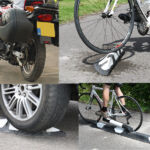Orca cycle lane separator being tested under motorcycle, bicycle, and car wheels.