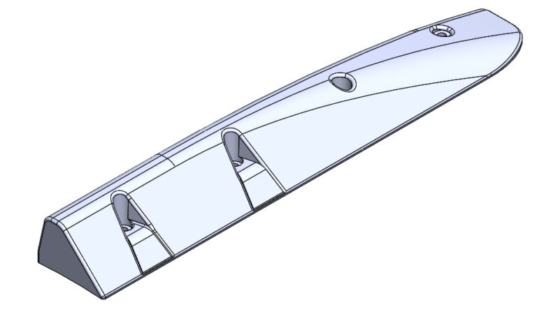 Technical illustration of the Kerb Orca end module, showing the tapered profile and fixing points.