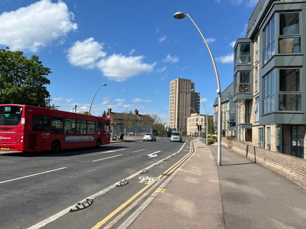 Orca Tip Toe rubber lane dividers used to delineate a cycle lane on a city street.