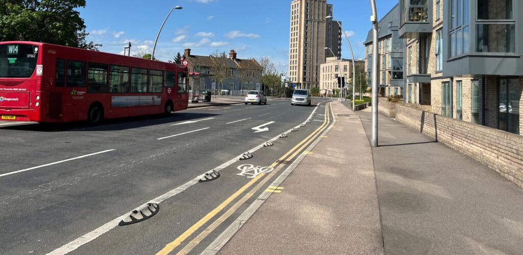 Orca Tip Toe rubber lane dividers used to delineate a cycle lane on a city street.