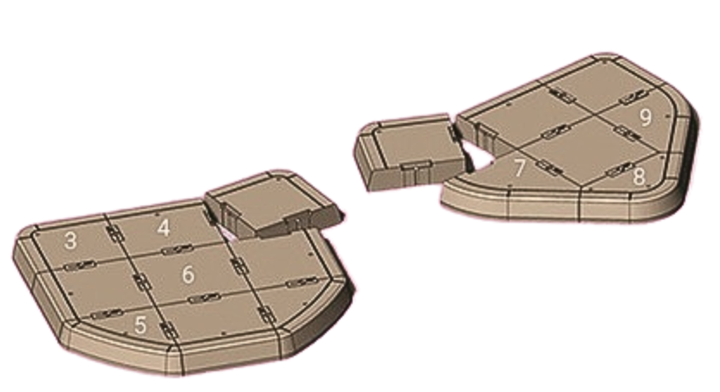 Diagram showing numbered RediPave modules arranged to form traffic island layouts, with individual components labelled for identification and assembly.
