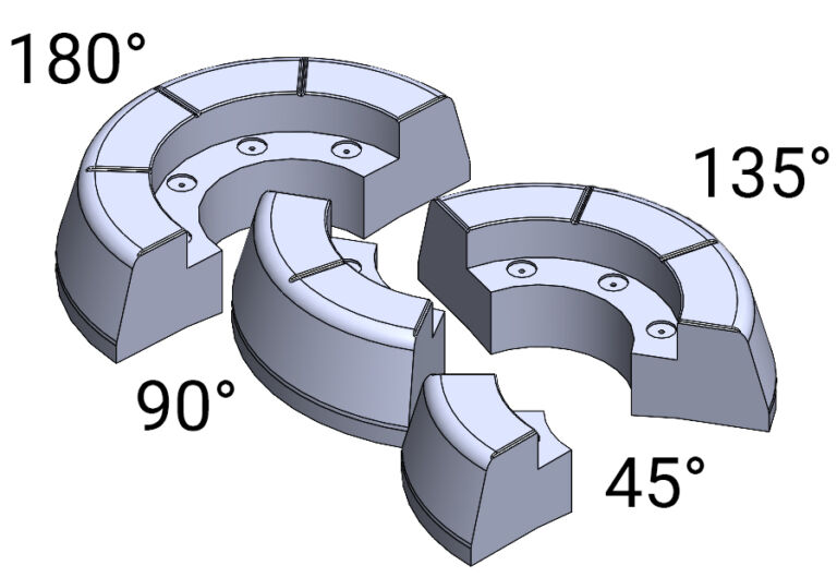 RediKerb half-battered (HB) kerbing corner units shown in 45°, 90°, 135°, and 180° modular curved sections for forming traffic islands and kerb alignments.