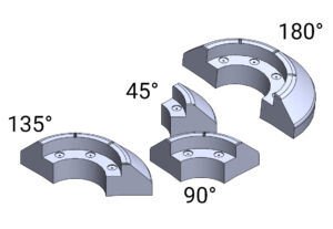 RediKerb splayed face (SP) kerbing corner units shown in 45°, 90°, 135°, and 180° modular curved sections for forming traffic islands and kerb alignments.