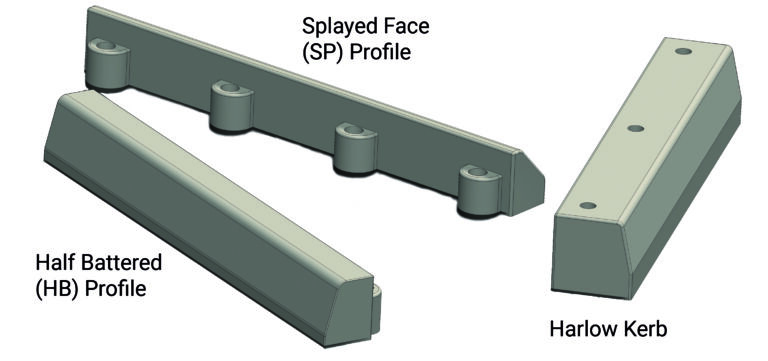Diagram illustrating three RediKerb kerb profiles: Splayed Face (SP), Half Battered (HB), and Harlow Kerb.