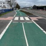 Raised line delineator installed alongside a segregated cycle lane to define the cycling route.