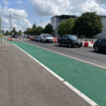 Raised line delineator installed alongside a segregated cycle lane to define the cycling route.