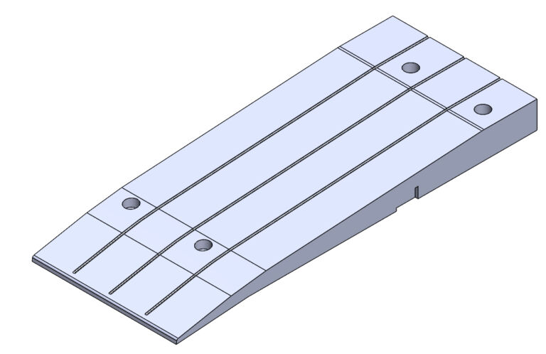 Single modular speed cushion component shown in isometric view, featuring a raised profile with fixing holes and interlocking edges for assembling speed cushions or raised tables.