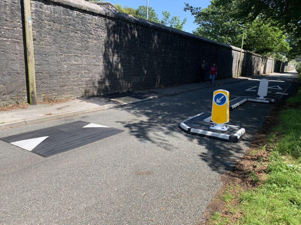 RediPave traffic island and Traficop speed cushion installed on a residential road