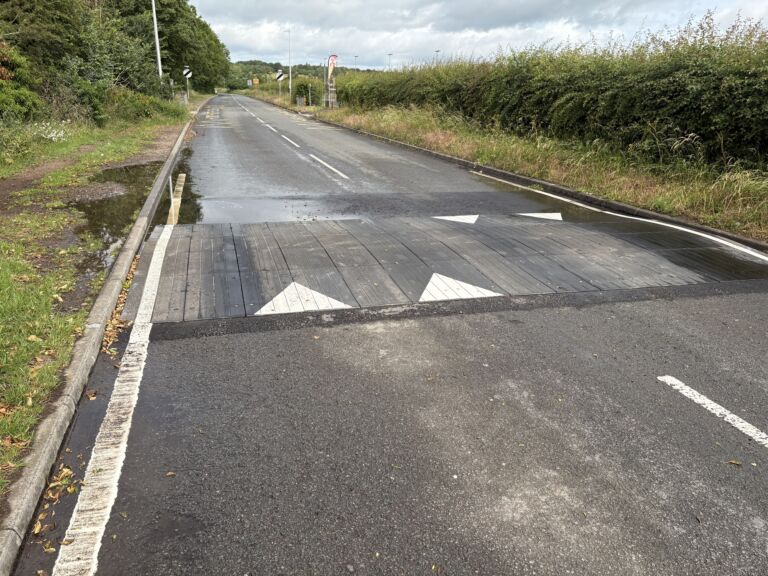 Sinusoidal rubber ramp installed across a full-width roadway, providing smooth traffic calming with directional road markings.