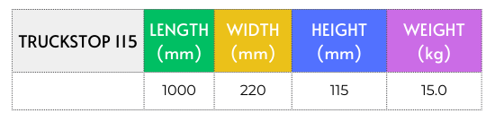 TruckStop 115 specifications including dimensions, weight, fixings, and colour.