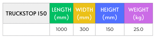 TruckStop 150 specifications including dimensions, weight, fixings, and colour.