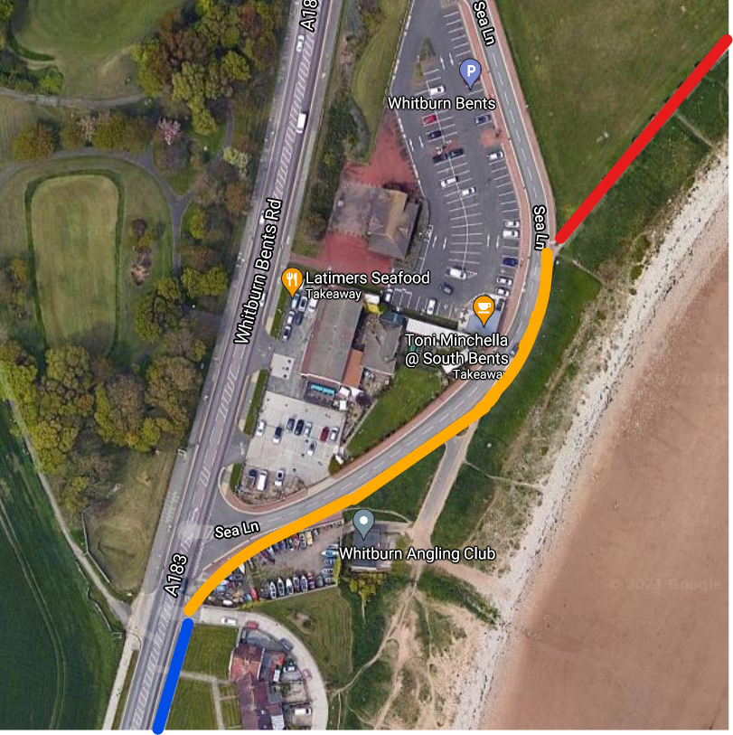 Map showing section of coastal road where segregated cycle lane with bollard system has been installed.