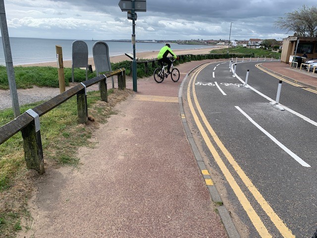 Cyclist riding within segregated cycle lane defined by continuous row of flexible bollards along seafront.