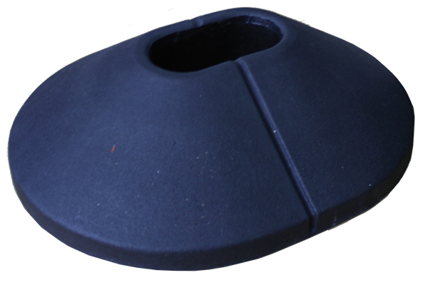 Custom moulded black rubber ballast base with central pole opening for portable traffic sign support.